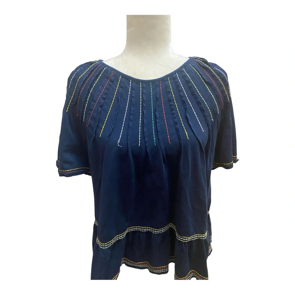 Anthropologie Maeve Chamonix Boho Swing Top Embroidered Navy Blue - Picture 2 of 9